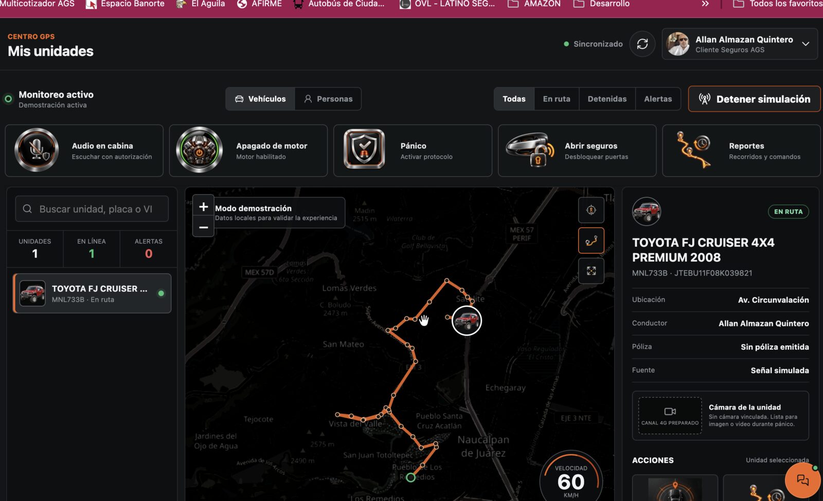 Centro de control GodEye con mapa y recorrido